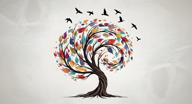 Whimsical tree of life illustration featuring vibrant multi-colored foliage and a twisted trunk. Black birds soaring overhead add a sense of peace and movement. Ideal for creative backgrounds