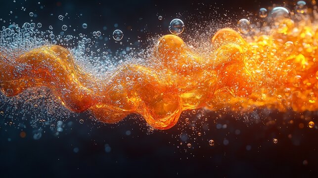 Orange liquid flowing, bubbles, dark background, abstract design,  website header