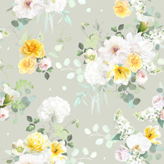Naklejka na ściany i meble Lemon yellow pastel floral vector design pattern. White peony, pink rose, tulips, magnolia, orchid, hellebore, lilac, hydrangea, greenery and plants. All flowers and branches are isolated and movable.