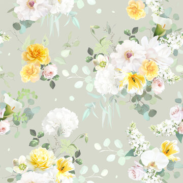 Lemon yellow pastel floral vector design pattern. White peony, pink rose, tulips, magnolia, orchid, hellebore, lilac, hydrangea, greenery and plants. All flowers and branches are isolated and movable.