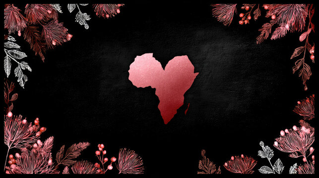 Africa map forming a heart shape, combining unity, love, and cultural pride, framed by decorative botanical elements celebrating Africa Day and heritage. Africa Day
