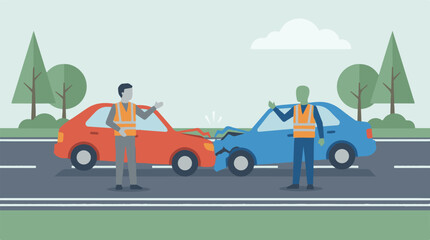 Fototapeta premium Car accident with two drivers in safety vests discussing on road