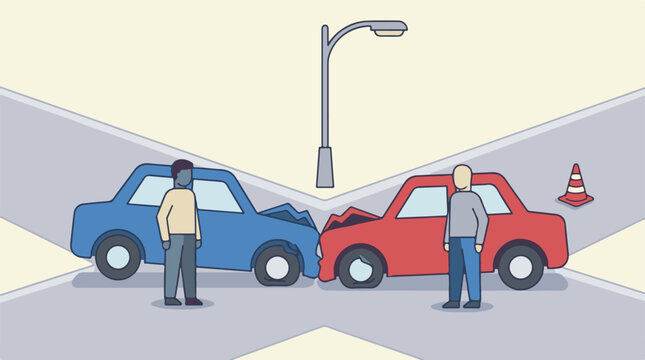 Illustration of a car accident at an intersection with two drivers present