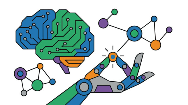 Brain, robot hand, and data network illustrating artificial intelligence
