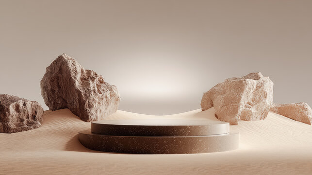 Empty stone pedestal premium podium. Sand dunes background. Minimal abstract cosmetic background for product presentation. skincare, beauty treatment product background.