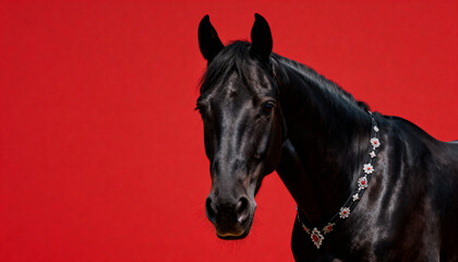 Fototapeta premium black horse front portrait upper body visible centered composition calm powerful expression sleek muscular coat with glossy highlights wellgroomed healthy appearance clean studio