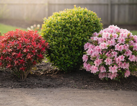 Three bushes arranged in a line showcase variety: one with bright red leaves and small star-shaped flowers, another with lush green foliage, and the third with abundant pink blossoms.