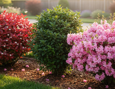 Three bushes arranged in a line showcase variety: one with bright red leaves and small star-shaped flowers, another with lush green foliage, and the third with abundant pink blossoms.