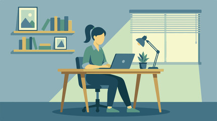 Fototapeta premium Woman working on laptop in a modern home office with bookshelves