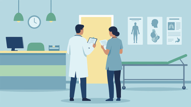 Healthcare professionals reviewing medical charts in a modern clinic setting