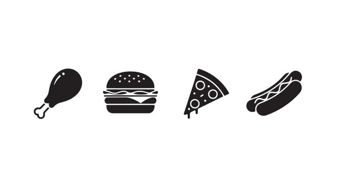 Fast Food Icon Set with Drumstick, Burger, Pizza Slice, and Hotdog in One Row, Minimal Black Silhouettes