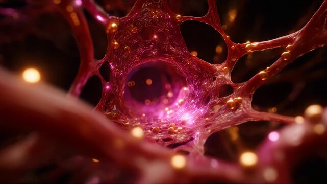 A Close-Up View of Intricate Neuronal Networks Illuminated by Pulsating Lights, Revealing the Complex Structure and Functionality of Cellular Communication