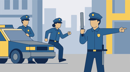 Law enforcement officers and patrol car in urban city street flat illustration © Vision Plus Studio