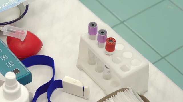 Blood donation setup with test tubes, medical equipment, and a blood pressure cuff on a white surface in a clinical environment