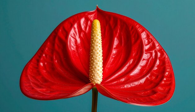 Macro shot of a vibrant red anthurium laceleaf flower with a yellow spadix on a teal background