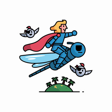 Superhero character riding a giant blue dragonfly with flying sidekicks above a small tropical island featuring palm trees in a playful minimalist vector illustration style