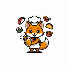 Fototapeta premium Cute cartoon fox chef mascot character wearing a white apron and hat holding a jar of honey surrounded by various delicious asian food items on a clean white background