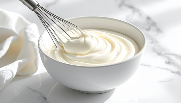 Creamy White Yogurt or Whipped Cream Being Stirred with a Metal Whisk in a White Bowl on Marble Background
