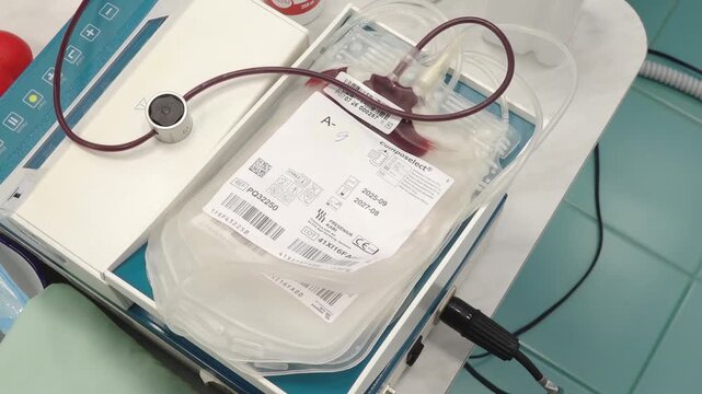 Blood donation process showing blood bag filling progressively, with medical equipment and a clean clinical setting visible