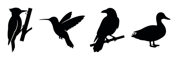 Naklejka premium A collection of wild bird silhouettes including a woodpecker, hummingbird, crow, and duck. Minimalist black vector icons perfect for logos, design, and nature themes.