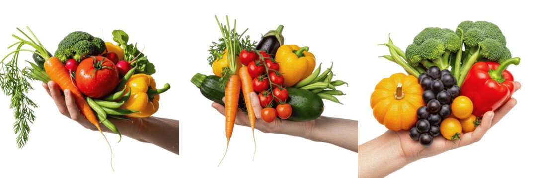 Person holding a variety of fresh organic vegetables and fruits isolated on white background