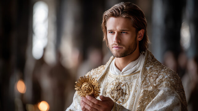 Clergyman celebrating Corpus Christi mass, offering communion during Eucharistic worship, holding host paten at sacred altar with monstrance and chalice in church. Corpus Christi