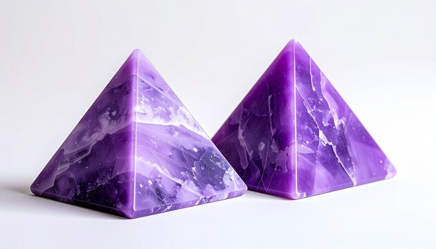 Pair of Decorative Polished Purple Marble Pyramids Isolated on White Background for Luxury Interior Decor and Wellness