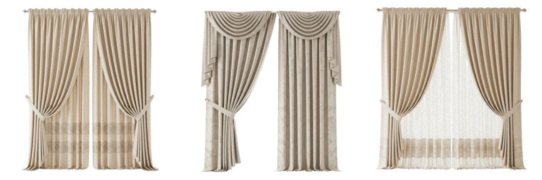 Set of luxury beige classic curtains with elegant swags valances and sheer tulle isolated on white