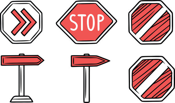 Hand drawn road signs with arrows and stop signs traffic signs directional signs