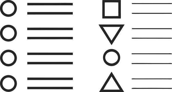 Black and white bullet points and lines on white background geometric shapes circles