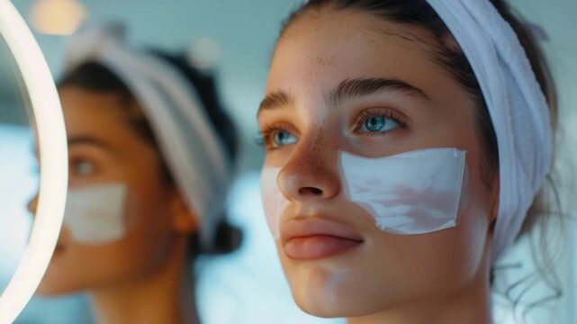 Woman applying face mask in mirror reflection
