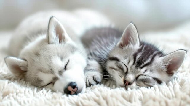 Two cute puppies, one a husky and the other a kitten, sleeping peacefully together on a soft blanket indoors.