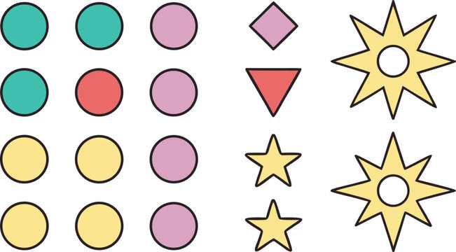 Colorful geometric shapes and symbols circles stars sun symbols