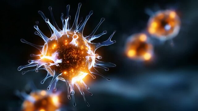 Vivid Representation of Microbial Cells with Radiant Glow, Capturing the Intricacy of Cellular Structures and Dynamic Motion in a Beautiful, Abstract Visualization