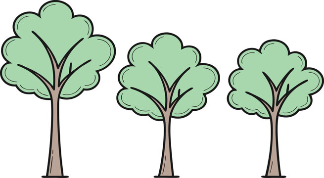 Cartoon of three green trees with brown trunks white background