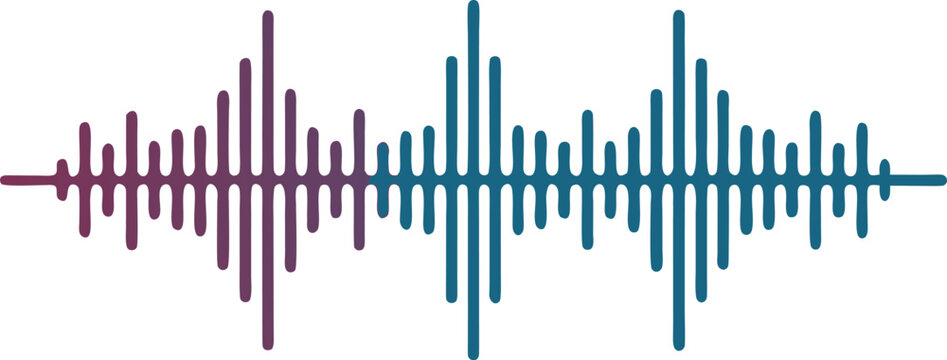 Colorful audio podcast waveform with purple and blue sound waves on white background