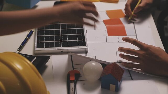 Construction engineers discussing project in office