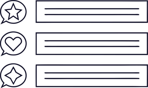 Black and white bullet points with star heart and starburst speech bubbles