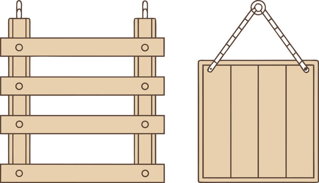 Wooden signboard with hanging chain and fence wooden fence brown