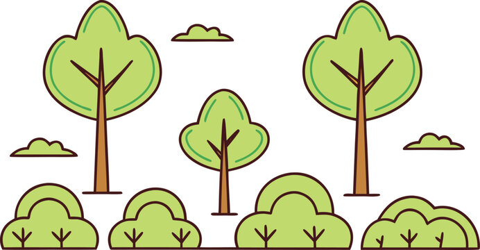 Cartoon trees and bushes with green leaves on white background 2