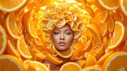 Fototapeta premium Portrait of young woman wearing headpiece made of orange slices. Creative food art and beauty concept with citrus fruit tunnel background.