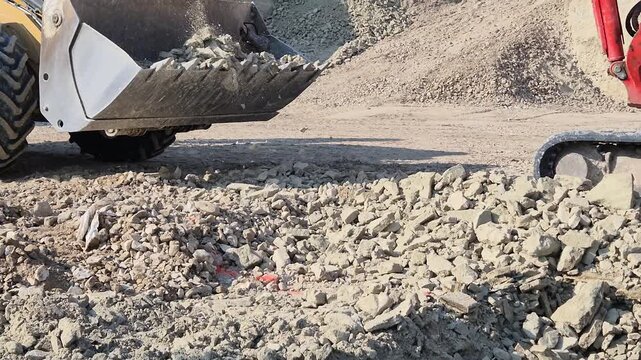 Slow motion shot of a compact excavator breaking hard ground and discharging dirt into another machine's bucket.