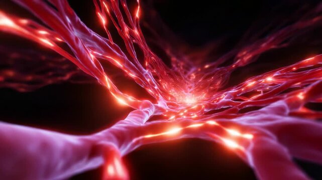 Intricate Visualization of Glowing Neural Pathways Depicting the Complex Network of Red Nerve Fibers and Circulatory Motion in a Digital Rendering