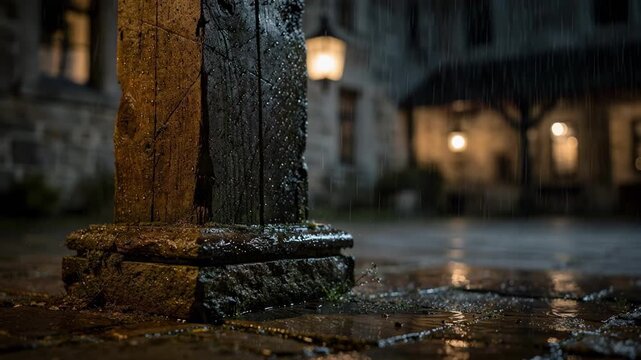 Rainsoaked heritage inn courtyard with a closeup of water droplets on rustic columns while softfocus lanterns cast a warm glow.