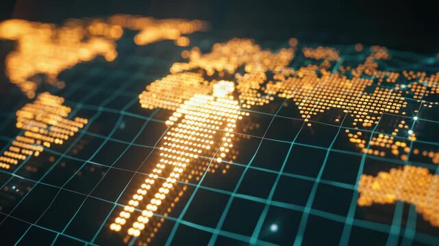 Digital of world map and circuit board glowing with blue data, representing technology and global connectivity.