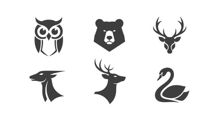 Fototapeta premium Collection of minimalist black animal icon silhouettes including owl, bear, deer, antelope, and swan heads, simple vector graphic elements.