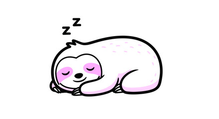 Fototapeta premium Adorable white and pink cartoon sloth sleeping peacefully with zzz above its head, cute vector illustration on white background.