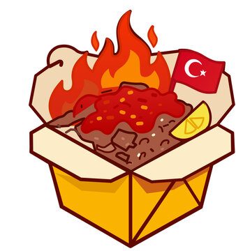Spicy Doner Kebab Box with Fire and Turkish Flag. Vector illustration of a flaming hot doner kebab box with meat, spicy red sauce, lemon, and a Turkish flag. Conceptual spicy fast food art.