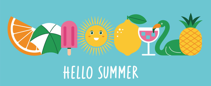 Hello summer with orange slice beach umbrella pink popsicle smiling sun lemon cocktail glass green flamingo float and pineapple on a light blue background