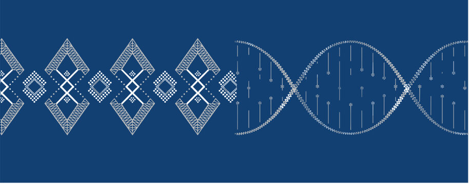Geometric diamond patterns and a white d n a double helix structure on a solid dark blue background biology